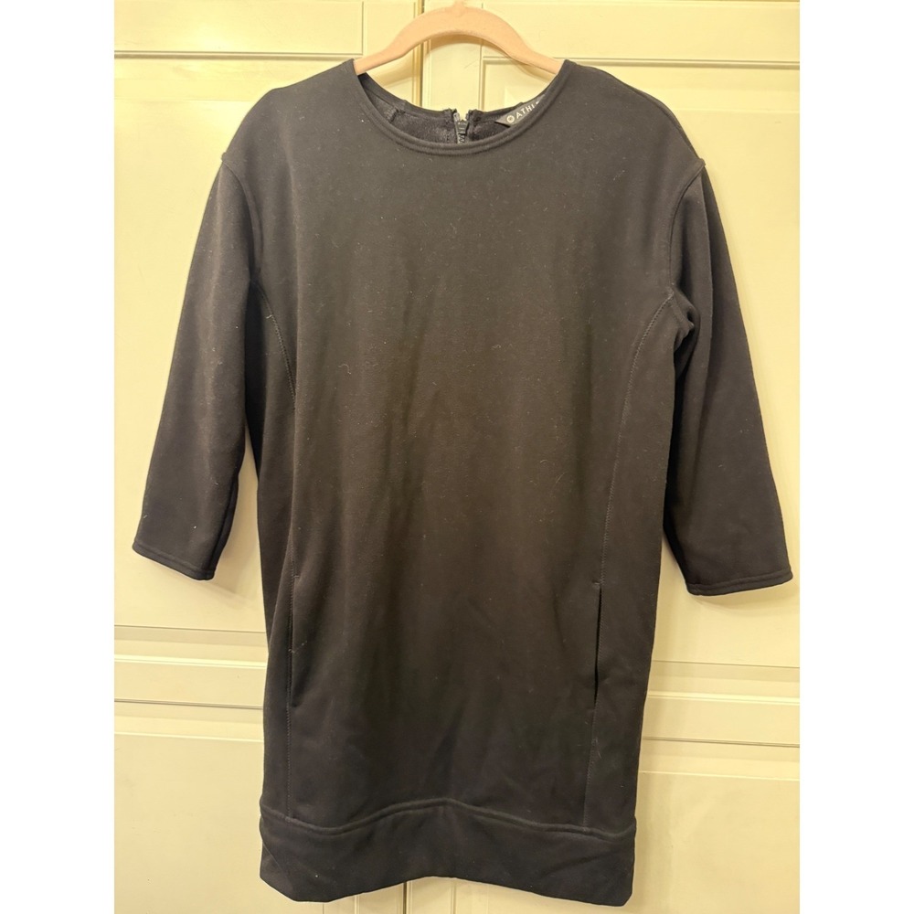 Athleta Black Fleece Shift Dress XS Full Back Zipper 3/4 Sleeve Pockets RN 54023